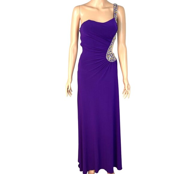 Evenings by Allure One-Shoulder Purple Evening Gown w/ Beaded  Side Back Cutout - Picture 8 of 12
